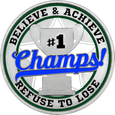 Royal Blue "Champs!" with Dark Green Outer Circular Borders